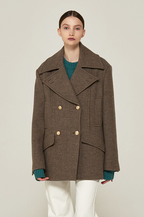 WIDE COLLAR DOUBLE BREASTED PEA COAT (L/BROWN)